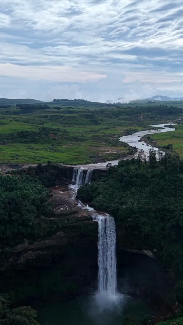 Vertical Aerial View of Phe Phe Falls and Lush Jaintia Hills Meghalaya