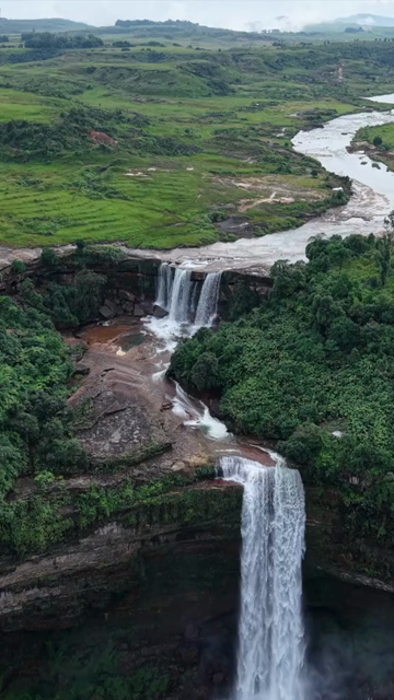 Vertical Aerial View of Phe Phe Falls and Lush Jaintia Hills Meghalaya