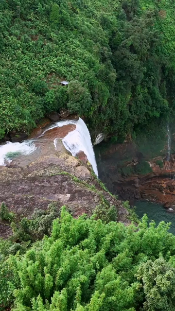 Vertical Aerial View of Phe Phe Falls and Lush Jaintia Hills Meghalaya