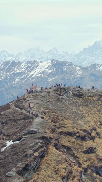 Vertical Aerial View of Pilgrims Near Tungnath Temple Uttarakhand India