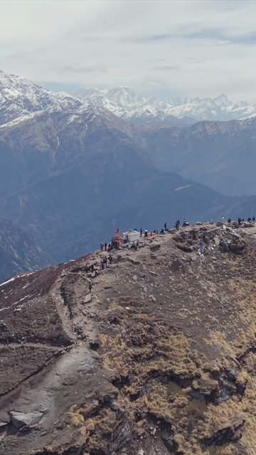 Vertical Aerial View of Pilgrims Near Tungnath Temple Uttarakhand India