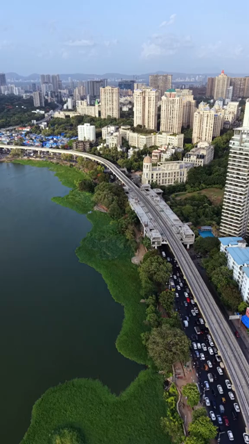 Vertical Aerial View of Powai Lake and Mumbai Skyline India