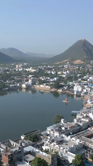 Vertical Aerial View of Pushkar Lake and Aravalli Hills, Rajasthan, India
