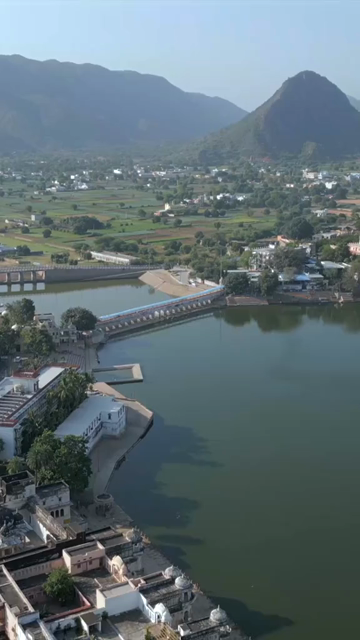 Vertical Aerial View of Pushkar Lake and Aravalli Hills, Rajasthan, India
