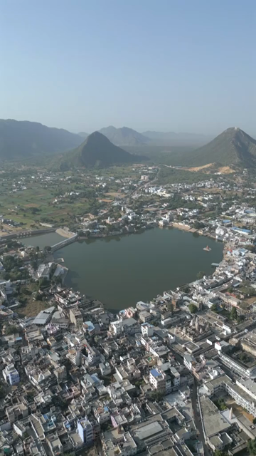 Vertical Aerial View of Pushkar Lake and Aravalli Hills, Rajasthan, India