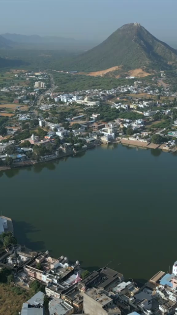 Vertical Aerial View of Pushkar Lake and Aravalli Hills, Rajasthan, India