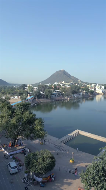 Vertical Aerial View of Pushkar Lake and Aravalli Hills, Rajasthan, India