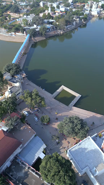 Vertical Aerial View of Pushkar Lake and Aravalli Hills, Rajasthan, India
