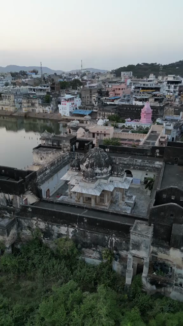 Vertical Aerial View of Pushkar Lake and Aravalli Hills, Rajasthan, India