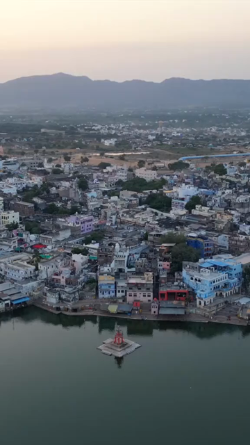 Vertical Aerial View of Pushkar Lake and Aravalli Hills, Rajasthan, India
