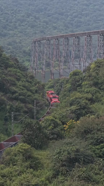 Vertical Aerial View of Railway Bridge with Train in Sandur Karnataka India