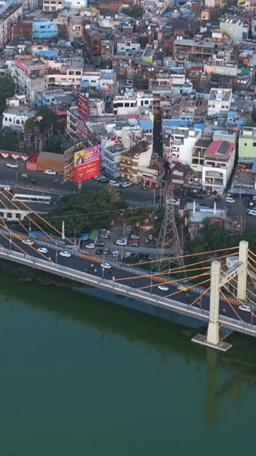 Vertical Aerial View of Raja Bhoj Setu Bridge over Lower Lake, Bhopal, Madhya Pradesh