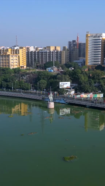 Vertical Aerial View of Raja Bhoj Statue and Upper Lake Bhopal