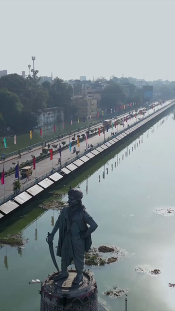 Vertical Aerial View of Raja Bhoj Statue and Upper Lake Bhopal