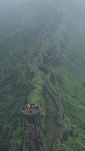 Vertical Aerial View of Rajgad Fort and Lush Sahyadri Mountains Maharashtra