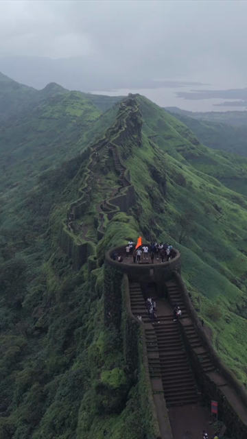 Vertical Aerial View of Rajgad Fort and Lush Sahyadri Mountains Maharashtra