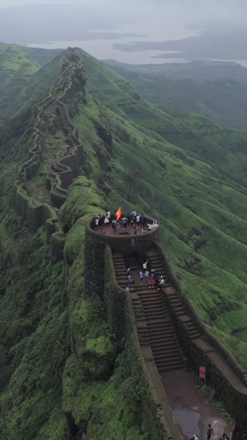 Vertical Aerial View of Rajgad Fort and Lush Sahyadri Mountains Maharashtra
