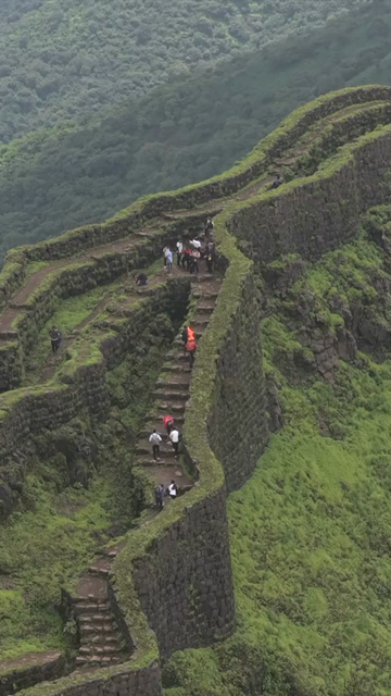 Vertical Aerial View of Rajgad Fort and Lush Sahyadri Mountains Maharashtra