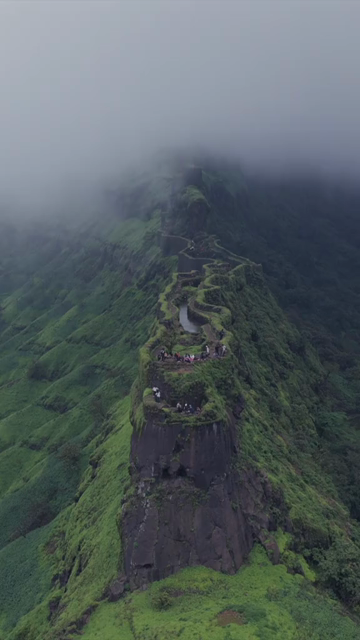 Vertical Aerial View of Rajgad Fort and Lush Sahyadri Mountains Maharashtra