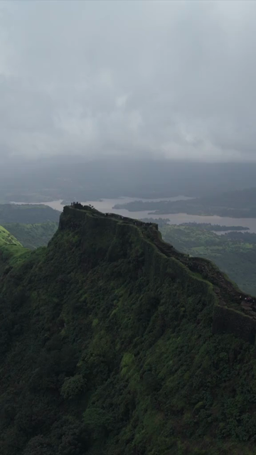 Vertical Aerial View of Rajgad Fort and Lush Sahyadri Mountains Maharashtra