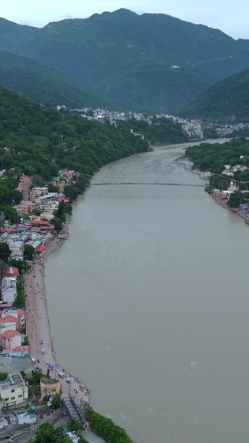 Vertical Aerial View of Ram Jhula Bridge Rishikesh Uttarakhand India