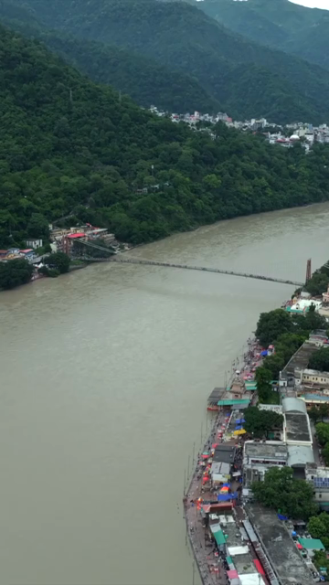 Vertical Aerial View of Ram Jhula Bridge Rishikesh Uttarakhand India