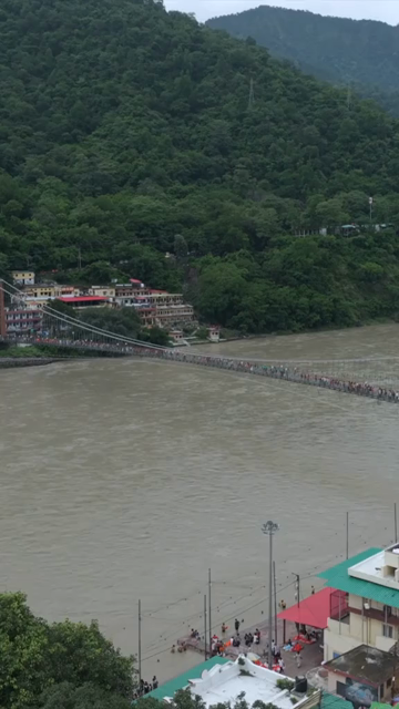 Vertical Aerial View of Ram Jhula Bridge Rishikesh Uttarakhand India