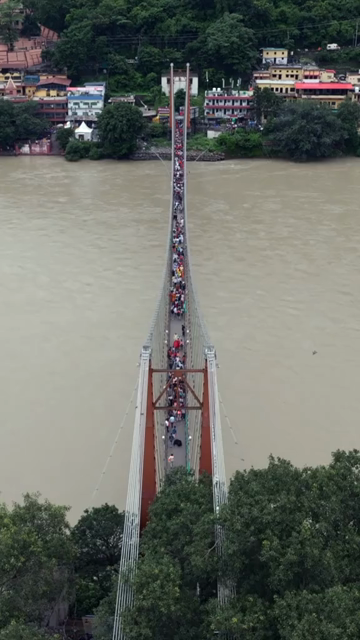 Vertical Aerial View of Ram Jhula Bridge Rishikesh Uttarakhand India