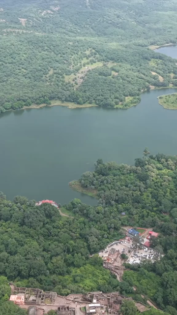 Vertical Aerial View of Ranthambore Fort and Lush Landscape Rajasthan