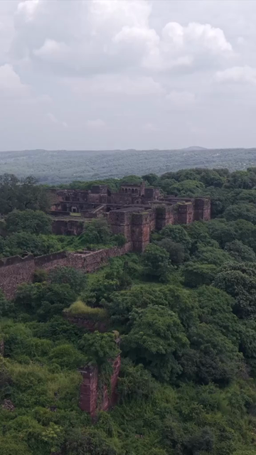 Vertical Aerial View of Ranthambore Fort and Lush Landscape Rajasthan