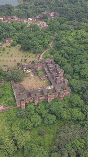 Vertical Aerial View of Ranthambore Fort and Lush Landscape Rajasthan
