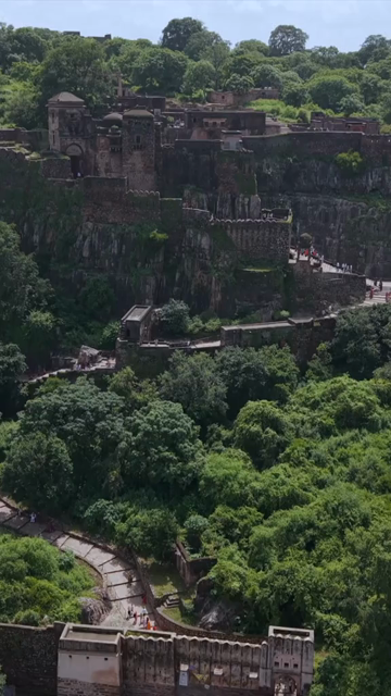 Vertical Aerial View of Ranthambore Fort and Lush Landscape Rajasthan