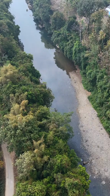Vertical Aerial View of River Flowing Through Forest in Meghalaya India