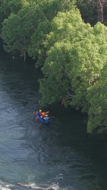 Vertical Aerial View of River Rafting on Betwa River Orchha Madhya Pradesh India