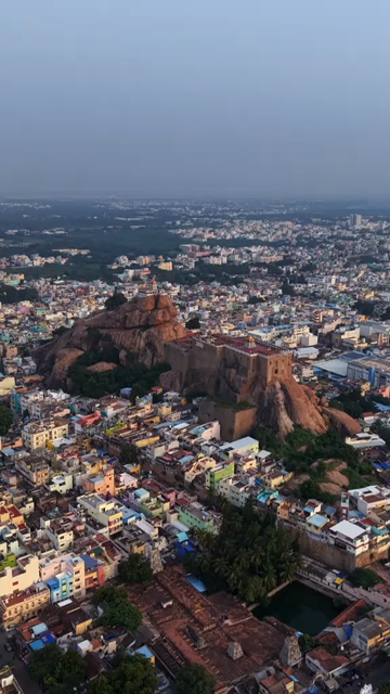 Vertical Aerial View of Rockfort Temple and Tiruchirappalli City Tamil Nadu India