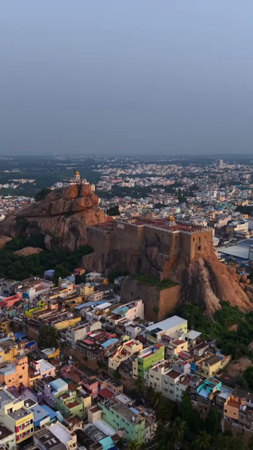 Vertical Aerial View of Rockfort Temple and Tiruchirappalli City Tamil Nadu India