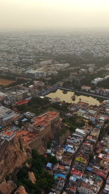 Vertical Aerial View of Rockfort Temple and Tiruchirappalli City Tamil Nadu India