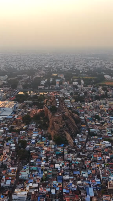 Vertical Aerial View of Rockfort Temple and Tiruchirappalli City Tamil Nadu India