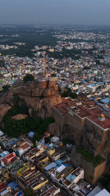 Vertical Aerial View of Rockfort Temple and Tiruchirappalli City Tamil Nadu India