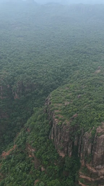 Vertical Aerial View of Rocky Hills and Misty Satpura Landscape Pachmarhi Madhya Pradesh