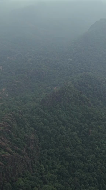 Vertical Aerial View of Rocky Hills and Misty Satpura Landscape Pachmarhi Madhya Pradesh