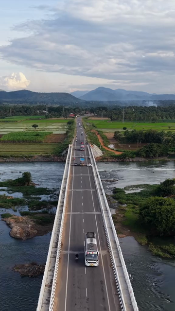 Vertical Aerial View of Sathyagala Kaveri Bridge Across Cauvery River in Tamil Nadu India