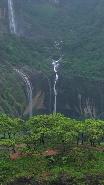 Vertical Aerial View of Savlya Ghat Waterfalls and Sahyadri Mountains Maharashtra India