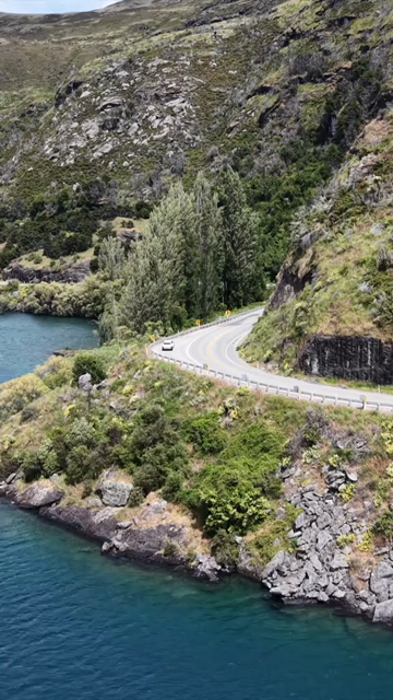 Vertical Aerial View of Scenic Road Along Lake Wanaka in New Zealand