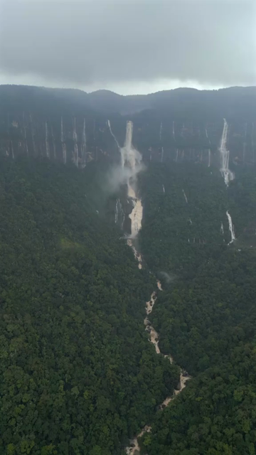 Vertical Aerial View of Nohsngithiang Seven Sisters Waterfalls, Sohra, Meghalaya