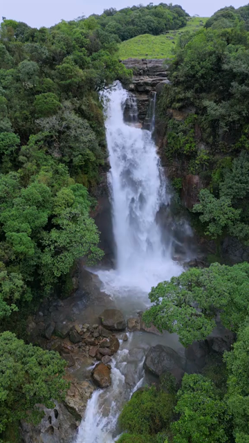 Vertical Aerial View of Nohsngithiang Seven Sisters Waterfalls, Sohra, Meghalaya