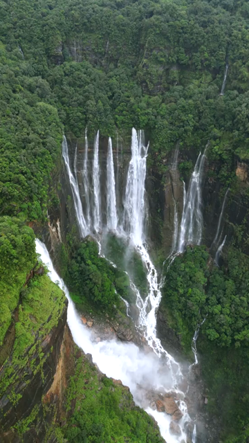 Vertical Aerial View of Nohsngithiang Seven Sisters Waterfalls, Sohra, Meghalaya