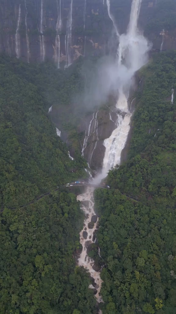 Vertical Aerial View of Nohsngithiang Seven Sisters Waterfalls, Sohra, Meghalaya