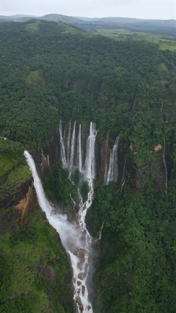 Vertical Aerial View of Nohsngithiang Seven Sisters Waterfalls, Sohra, Meghalaya