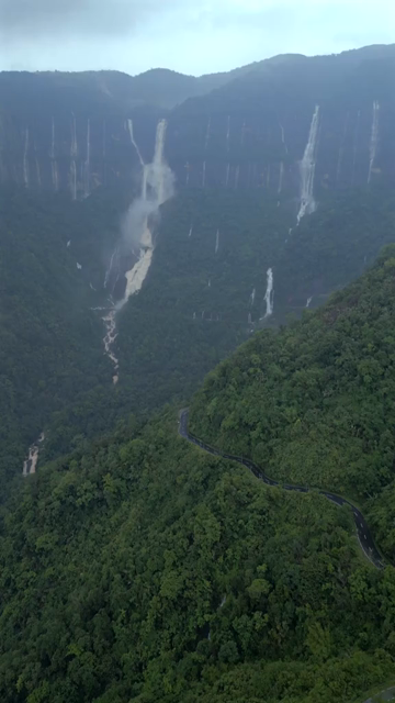 Vertical Aerial View of Nohsngithiang Seven Sisters Waterfalls, Sohra, Meghalaya
